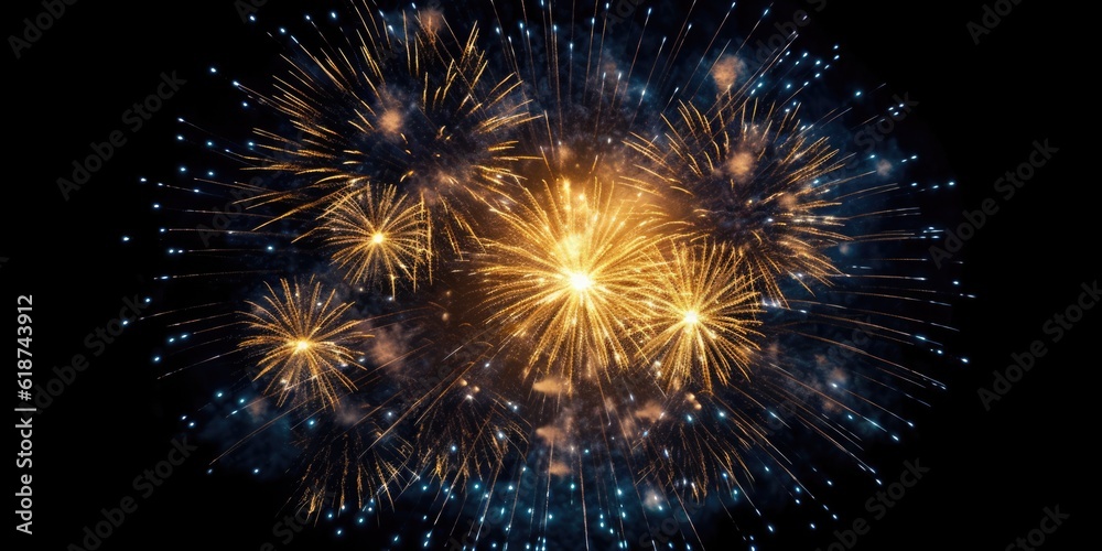 Naklejka premium Abstract background new year, cheering crowd and gold fireworks and celebrating holiday, copy space, generative ai