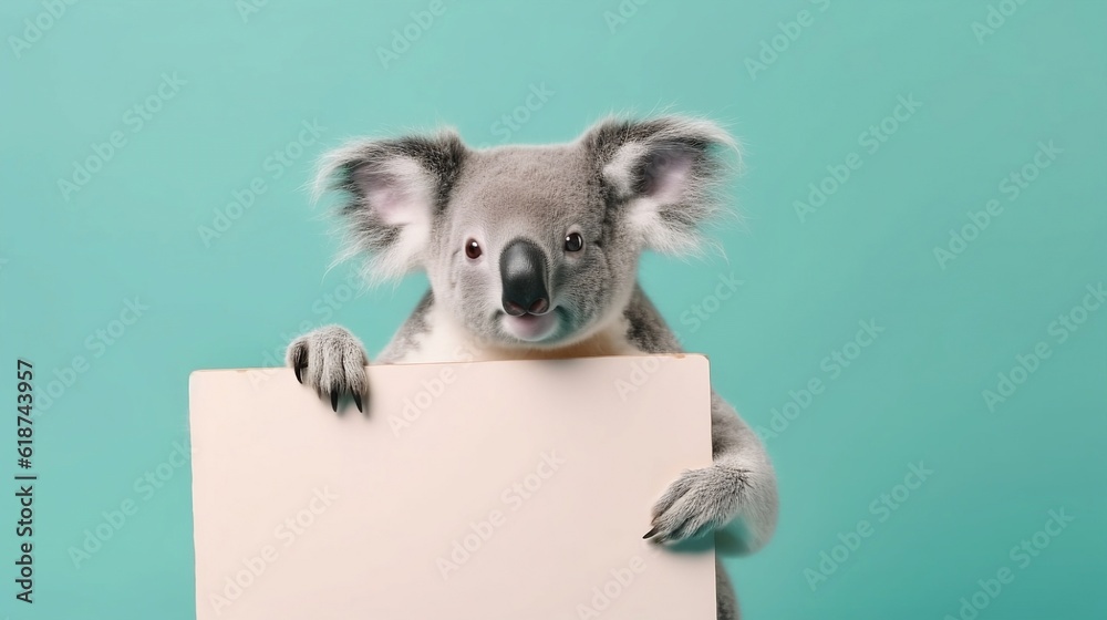 Koala holding up a blank whiteboard on isolated pastel color background ...