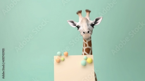 Giraffe holding up a blank whiteboard on isolated pastel color background, generative AI