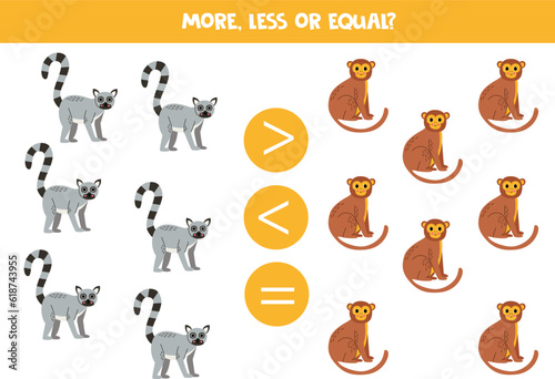 More, less or equal with cartoon African animals.