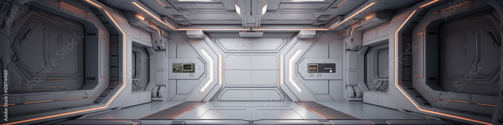 Fototapeta premium Space station or spaceship scifi style corridor or room. . Ultra modern sci-fi design. Generative AI. 