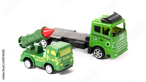 Car transporter military truck toy isolated on white background. 