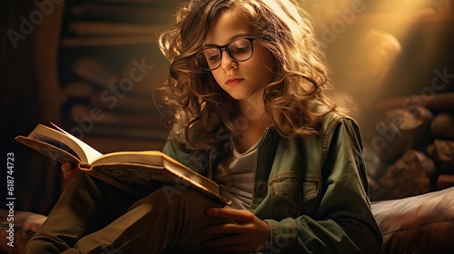 A diligent student with glasses engrossed in reading an educational book. Generative AI. © Sebastián Hernández