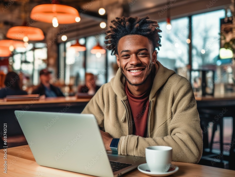 Cheerful man sitting at a desk working on a laptop computer - Ai generated Cheerful man sitting at a desk working on a laptop computer - Ai generated