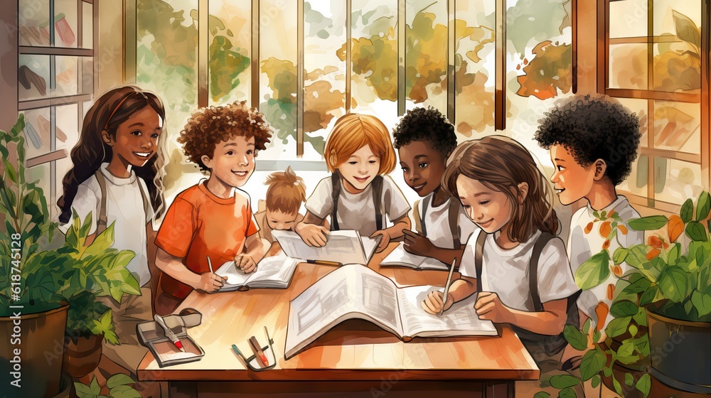 A diverse group of children deeply engaged in studying, sharing ideas
