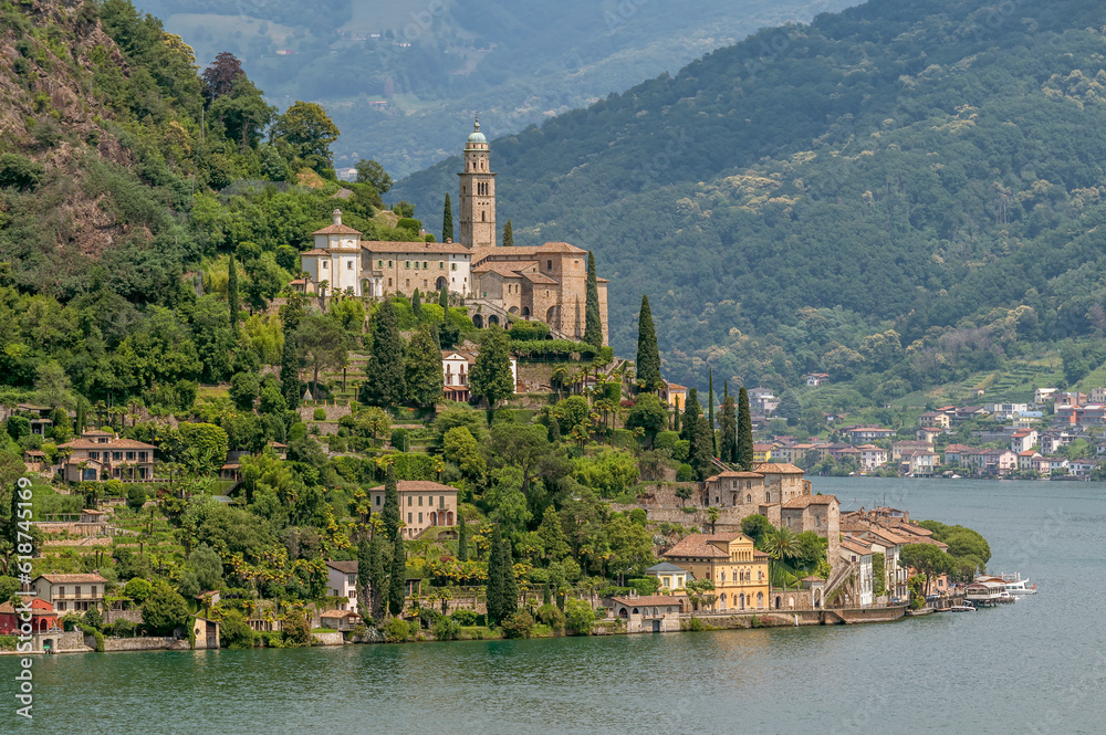 Panoramic view of the characteristic Swiss village of Morcote, overlooking Lake Lugano