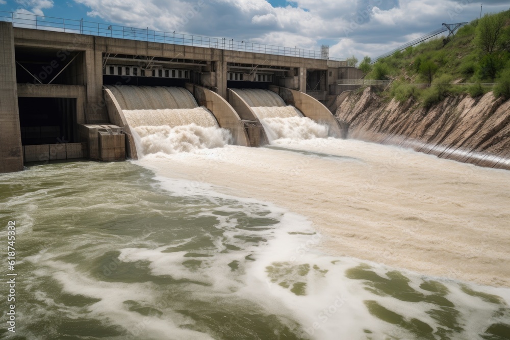 view of a hydroelectric power plant, with water flowing down the dam and through the turbines, created with generative ai view of a hydroelectric power plant, with water flowing down the dam and through the turbines, created with generative ai