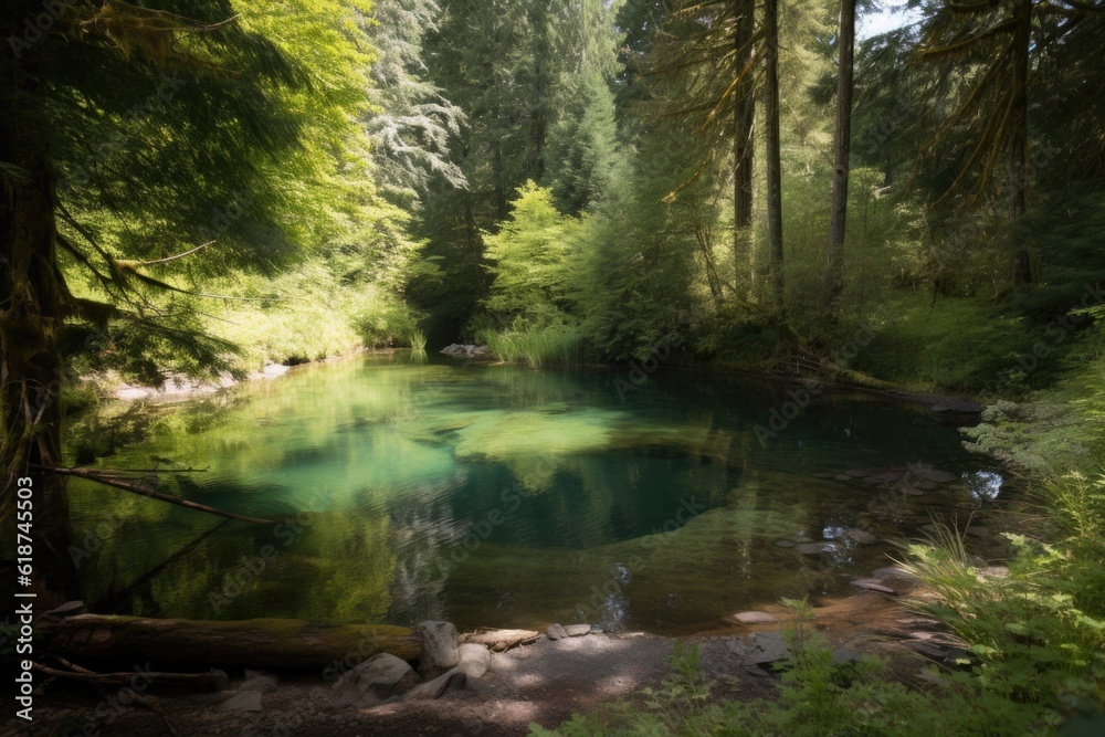 swimming hole in the midst of a forest, surrounded by tall trees, created with generative ai