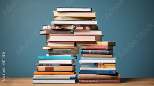 A tall stack of various textbooks representing different subjects, ready for a new academic year. Generative AI. © Sebastián Hernández