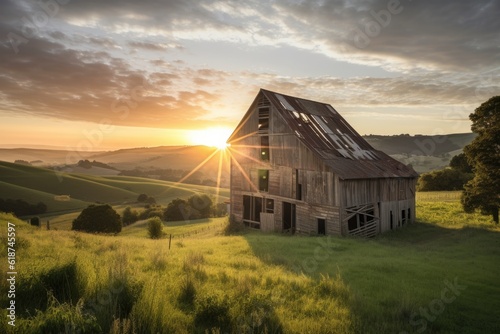 old barn surrounded by lush rolling hills, with the sun setting in the background, created with generative ai
