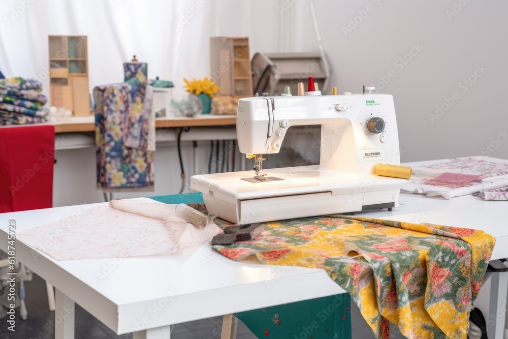 sewing and fabric projects in a studio setting, with sewing machine and tools nearby, created with generative ai