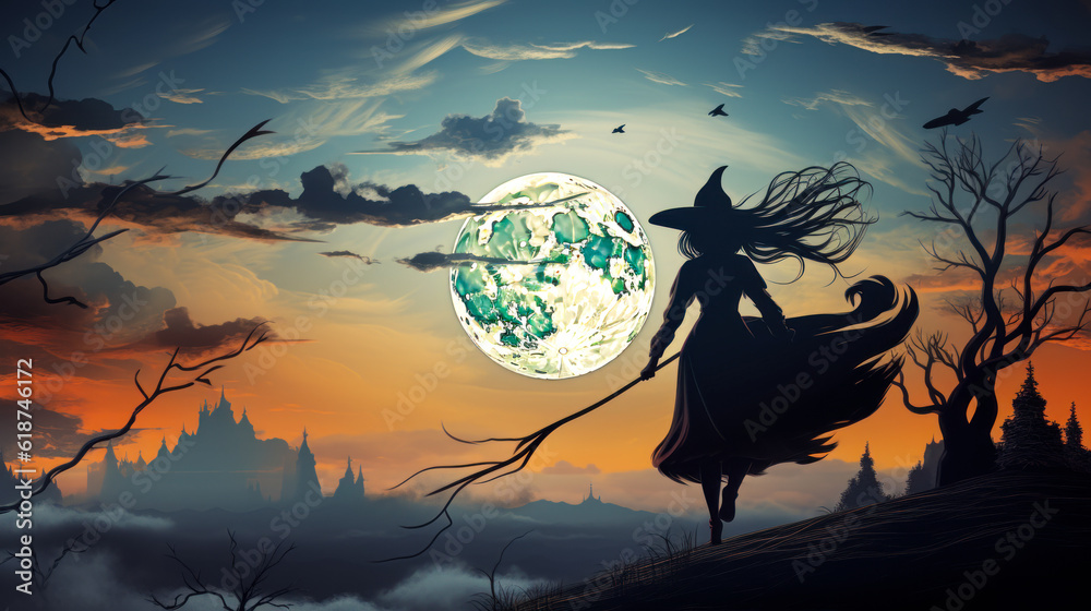 A witch flying with her broom at the full moon A witch flying with her broom at the full moon