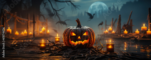 halloween pumpkin with fog and scary haunted forest in the background, horror concept