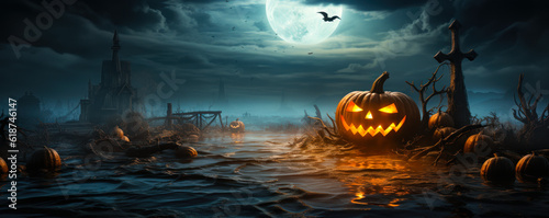 Haunted Coastal View: Terrifying-Eyed Pumpkin in Halloween Poster © Bartek