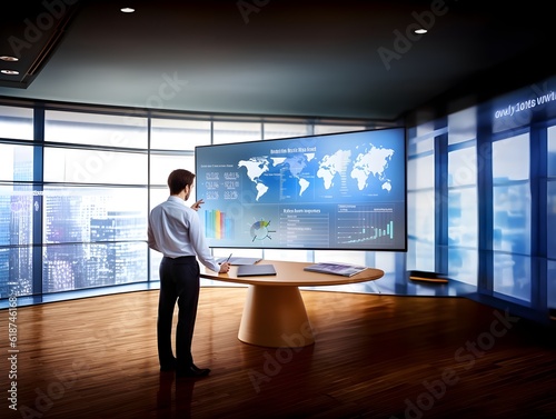 businessman analyzing a comprehensive Business Analytics dashboard displayed on a virtual screen © SEUNGJIN