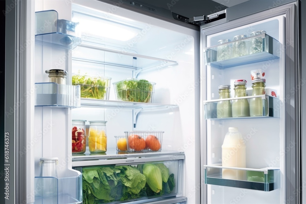 close-up of the sleek exterior of a walk-in refrigerator, with a view inside, created with generative ai close-up of the sleek exterior of a walk-in refrigerator, with a view inside, created with generative ai