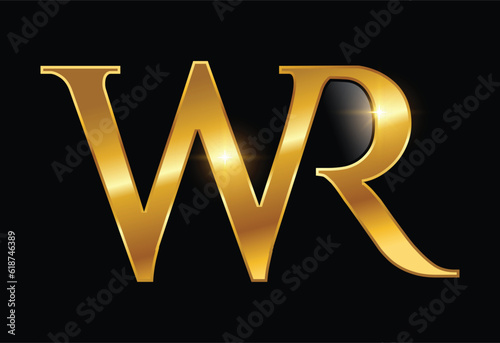 A vector illustration A vector illustration of Golden WR Monogram Initial Letters Logo in black background with gold shine effect