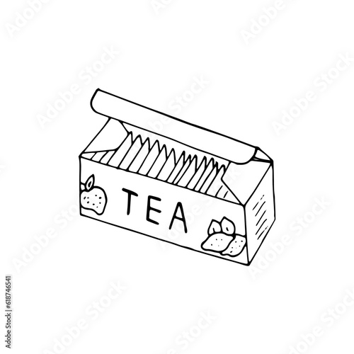 Hand-drawn pack of tea, isolated on white background. Vector illustration