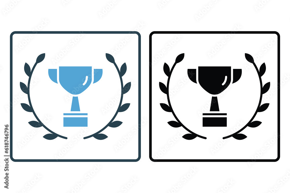 Champions cup icon with laurel wreath. icon related to celebration, winner, success, reward. Solid icon style design. Simple vector design editable Champions cup icon with laurel wreath. icon related to celebration, winner, success, reward. Solid icon style design. Simple vector design editable