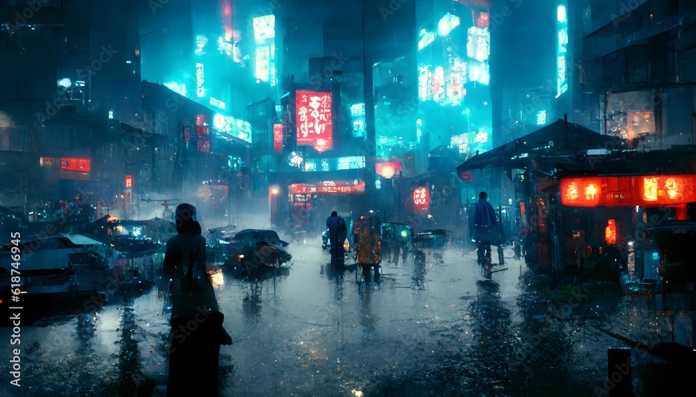 view of cyberpunk dystopian street Blade Runner style in a dark atmosphere under the rain neon lights night blue and red lights unreal engine lanterns japan cities of the future people on the 