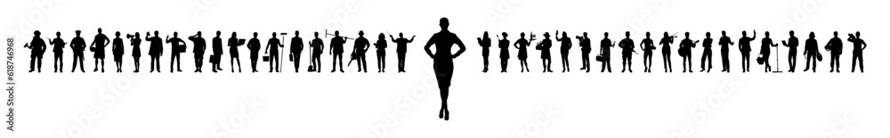 Woman standing in front of group people with various occupations vector silhouettes set.
