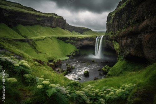 waterfall surrounded by lush green foliage and dramatic skies, created with generative ai