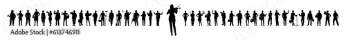 Woman violinist playing violin while standing in front of group people with various occupations vector silhouettes set.