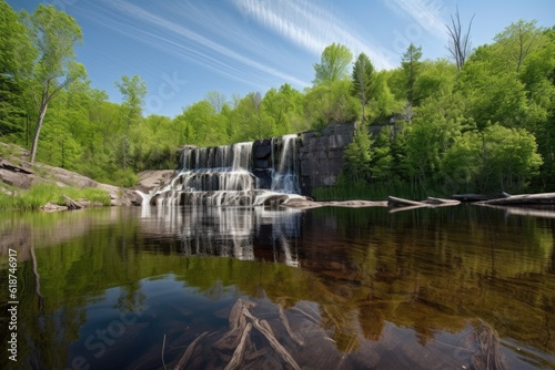 waterfall cascading into a serene lake with reflections of the sky, created with generative ai