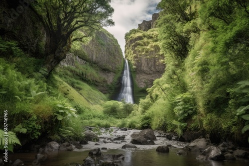 waterfall surrounded by lush greenery and towering cliffs, created with generative ai