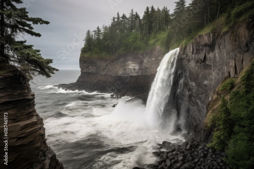 waterfall cascades over the edge of a cliff, with the waves crashing below, created with generative ai