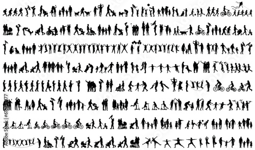 Silhouettes of family outdoors activities hobbies and sports in park vector black set collection. People adult teens and kids outdoor activities vector silhouette set.	