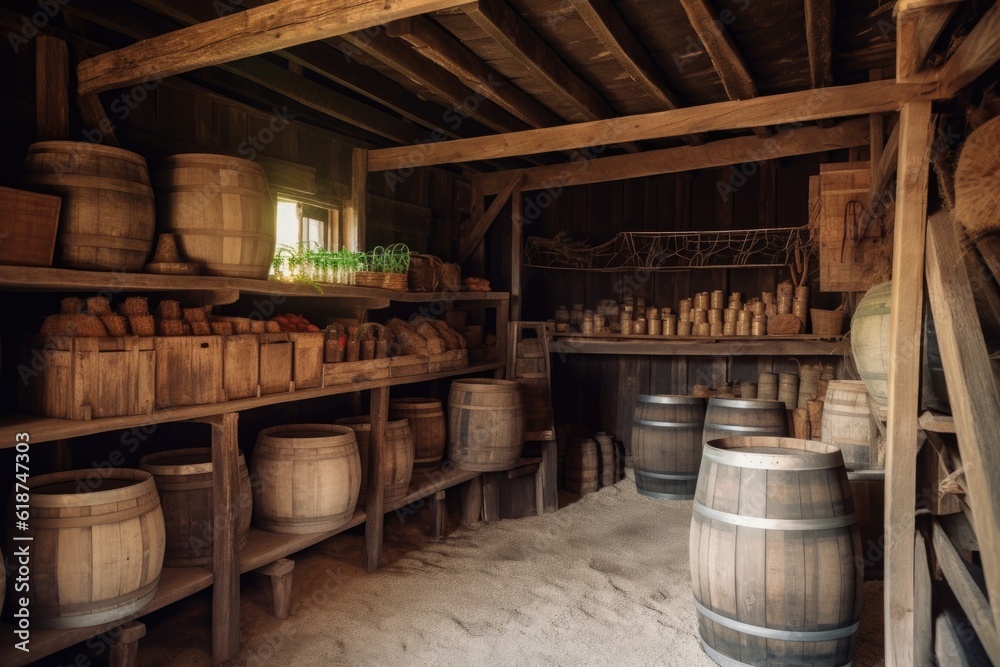 rustic barn with stocked shelves and wooden barrels for storing food, created with generative ai rustic barn with stocked shelves and wooden barrels for storing food, created with generative ai