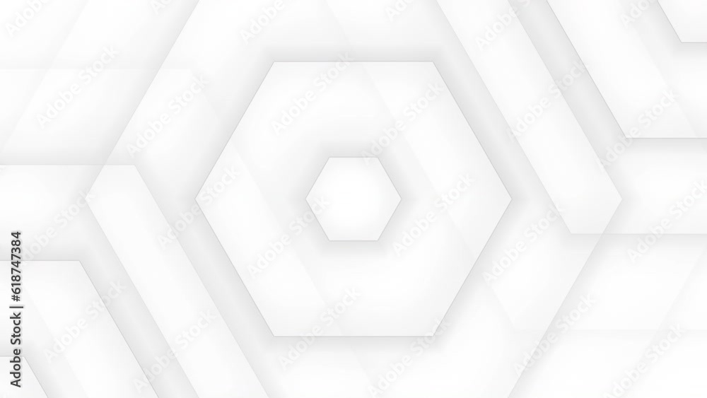 Bright white geometric background with hexagon shape motion design. Seamless looping animation