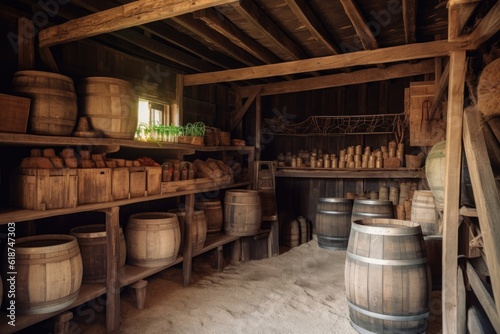 rustic barn with stocked shelves and wooden barrels for storing food  created with generative ai