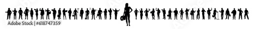 Female lifeguard standing in front of group people with various occupations or professions vector silhouettes set.