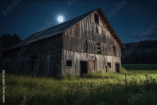 rustic barn in moonlight, with the lunar glow shining through the windows, created with generative ai