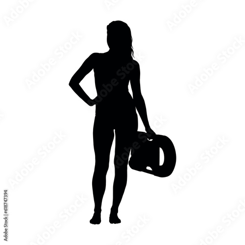 Female lifeguard holding lifesaver equipment lifebuoy while standing vector silhouette.