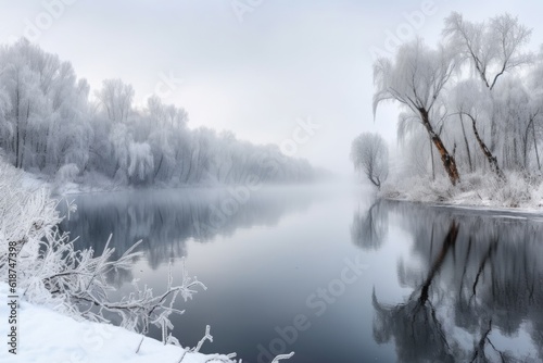 serene winter landscape with frozen lake and snow-covered trees, created with generative ai