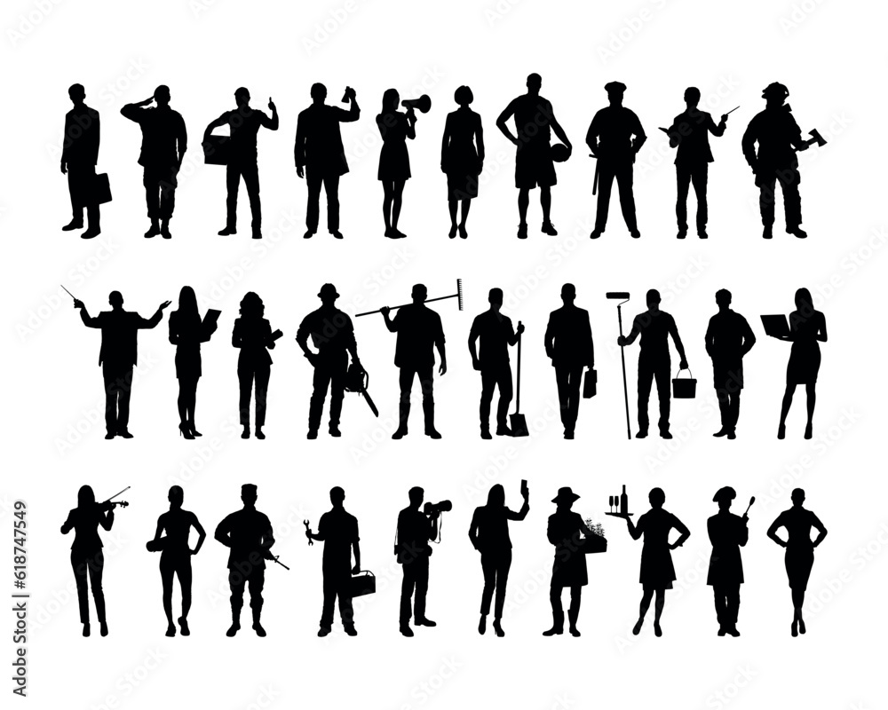 People crowd standing various professions silhouettes. Group of people different occupations or jobs standing in a row vector black silhouettes set collection. People crowd standing various professions silhouettes. Group of people different occupations or jobs standing in a row vector black silhouettes set collection.