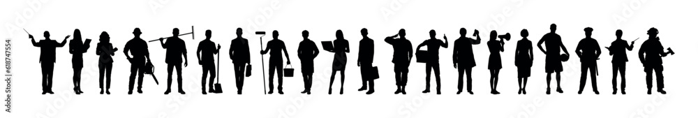 People different occupations standing together vector black silhouettes vector set collection.