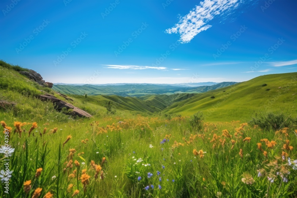 serene mountain landscape with rolling hills, wildflowers, and clear blue skies, created with generative ai