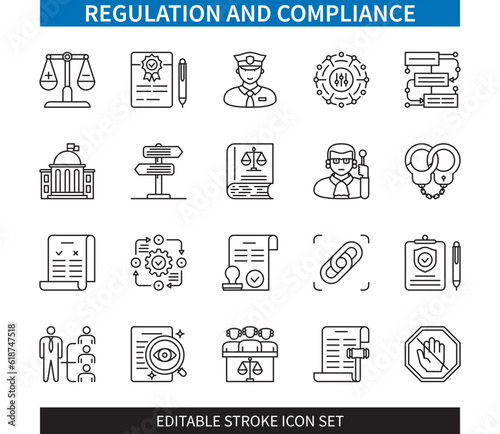 Editable line Regulation and Compliance outline icon set. Law, Ethics, Government, Rules, Procedures, Restriction, Policy, Control. Editable stroke icons EPS
