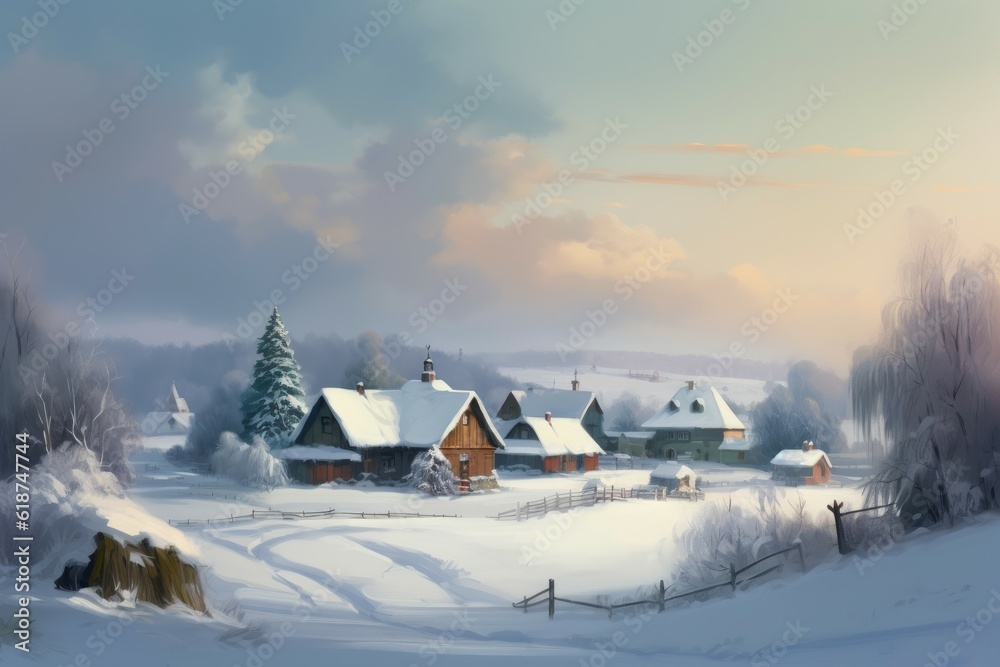 Winter village snow morning. Generate Ai