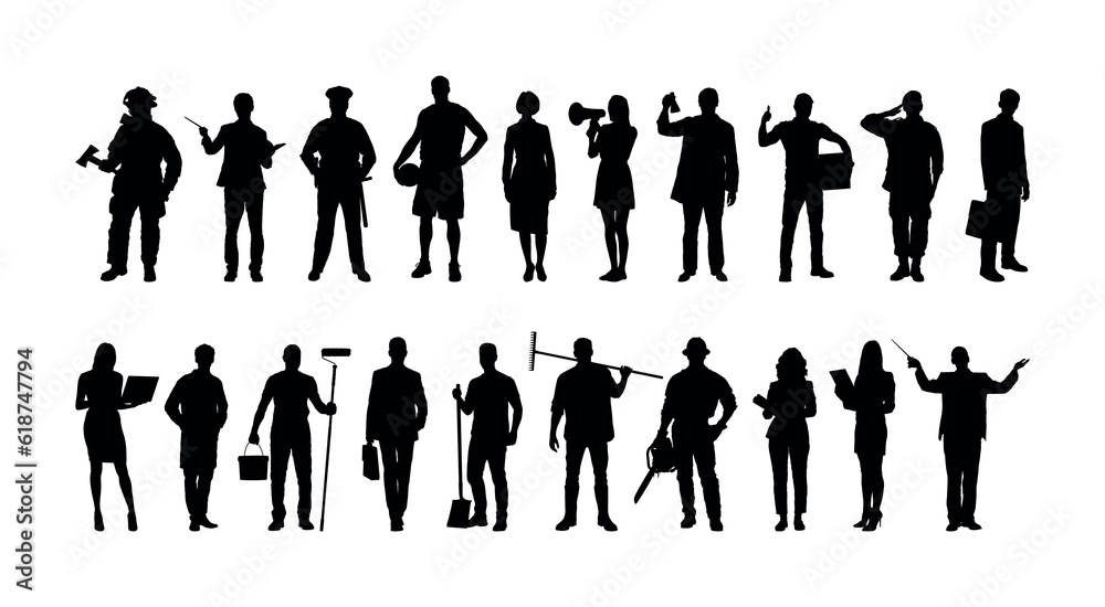 Group people different occupations or professions standing in a row vector silhouettes set collection. Group people different occupations or professions standing in a row vector silhouettes set collection.