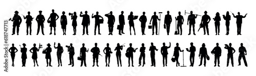 People with various occupations jobs standing together in row vector flat black silhouettes set collection. Collection of people different professions standing in a row silhouettes. 