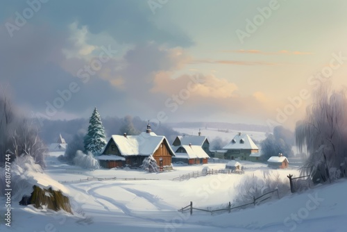 Winter village snow morning. Generate Ai © nsit0108