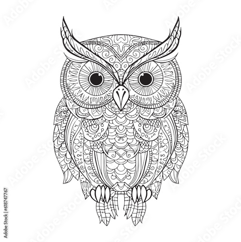 Hand drawn Owl Mandala for anti stress Coloring Page with high details, illustration in zentangle style. Vector monochrome sketch. Mural art. Bird collection