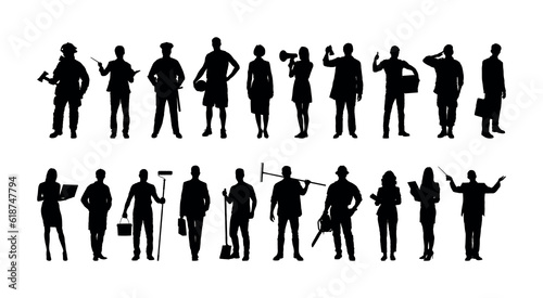 Group people different occupations or professions standing in a row vector silhouettes set collection.