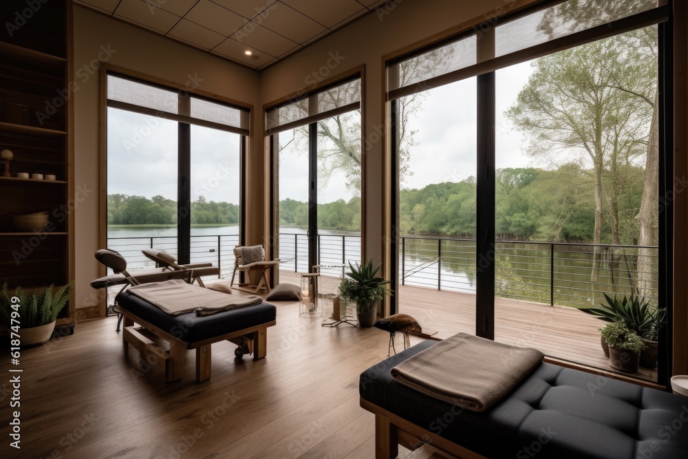 wellness retreat with scenic view of tranquil lake, created with generative ai