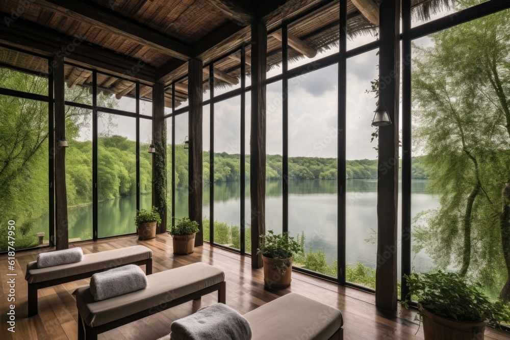 Fototapeta premium wellness retreat with view of a tranquil lake, surrounded by greenery, created with generative ai